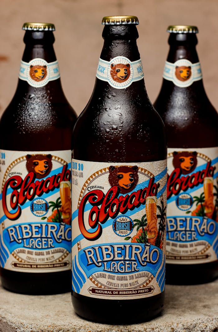 Close-up of Ribeiro Lager beer bottles by Colorado, shot in Rio de Janeiro.